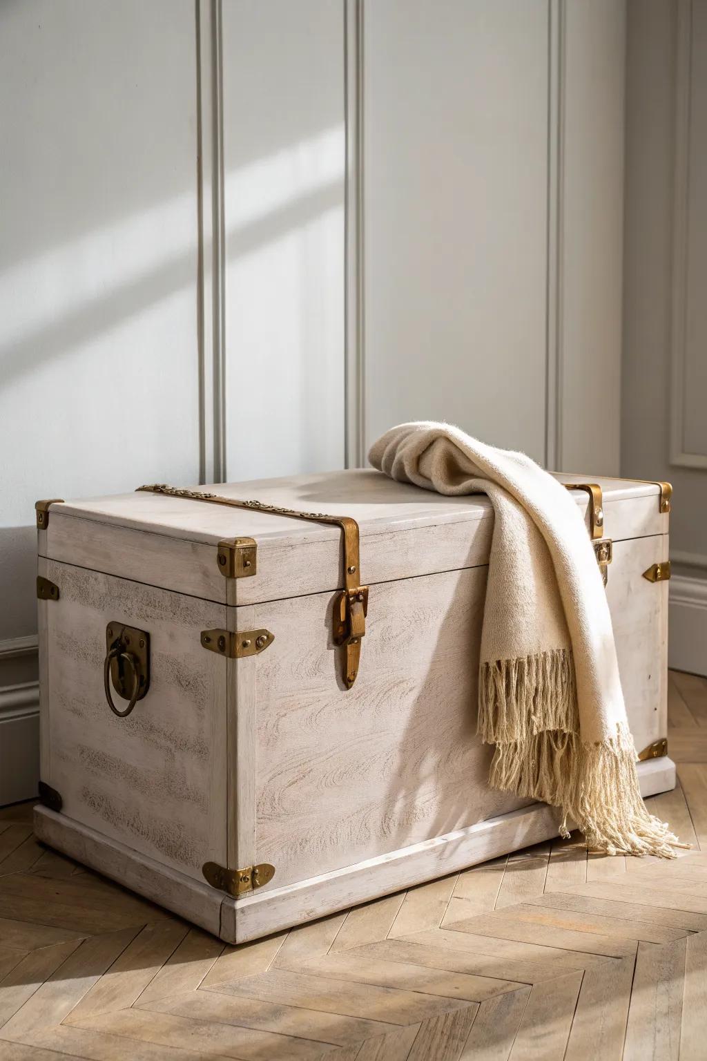 Warm greige painted trunk that blends into the wall—quiet storage for blankets in small spaces.