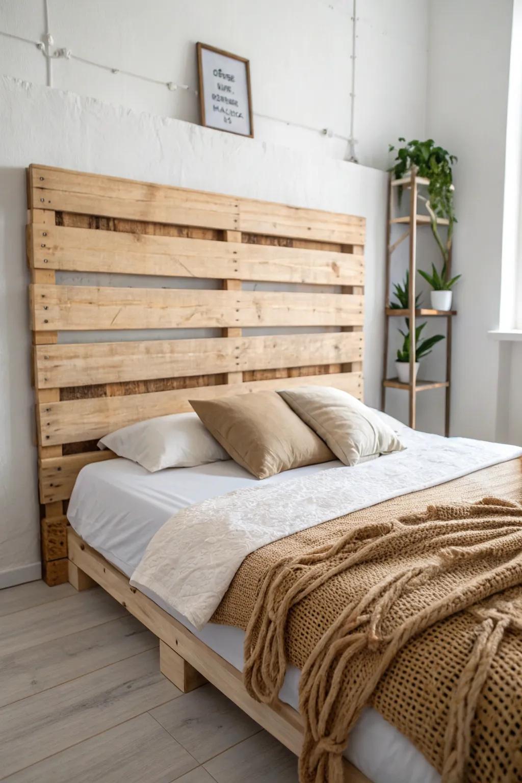 A floating pallet headboard with a slim gap adds a custom shadow line—and easier cleaning.