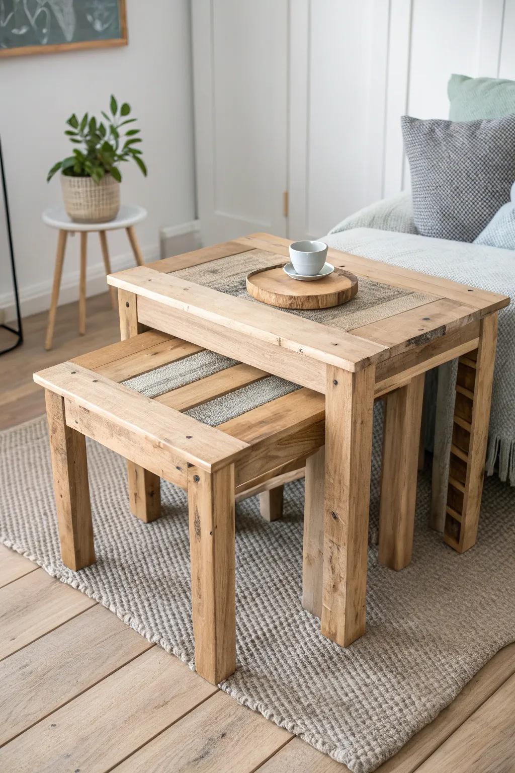 Space-smart nesting pallet tables: pull out when hosting, slide away for calm minimal living.