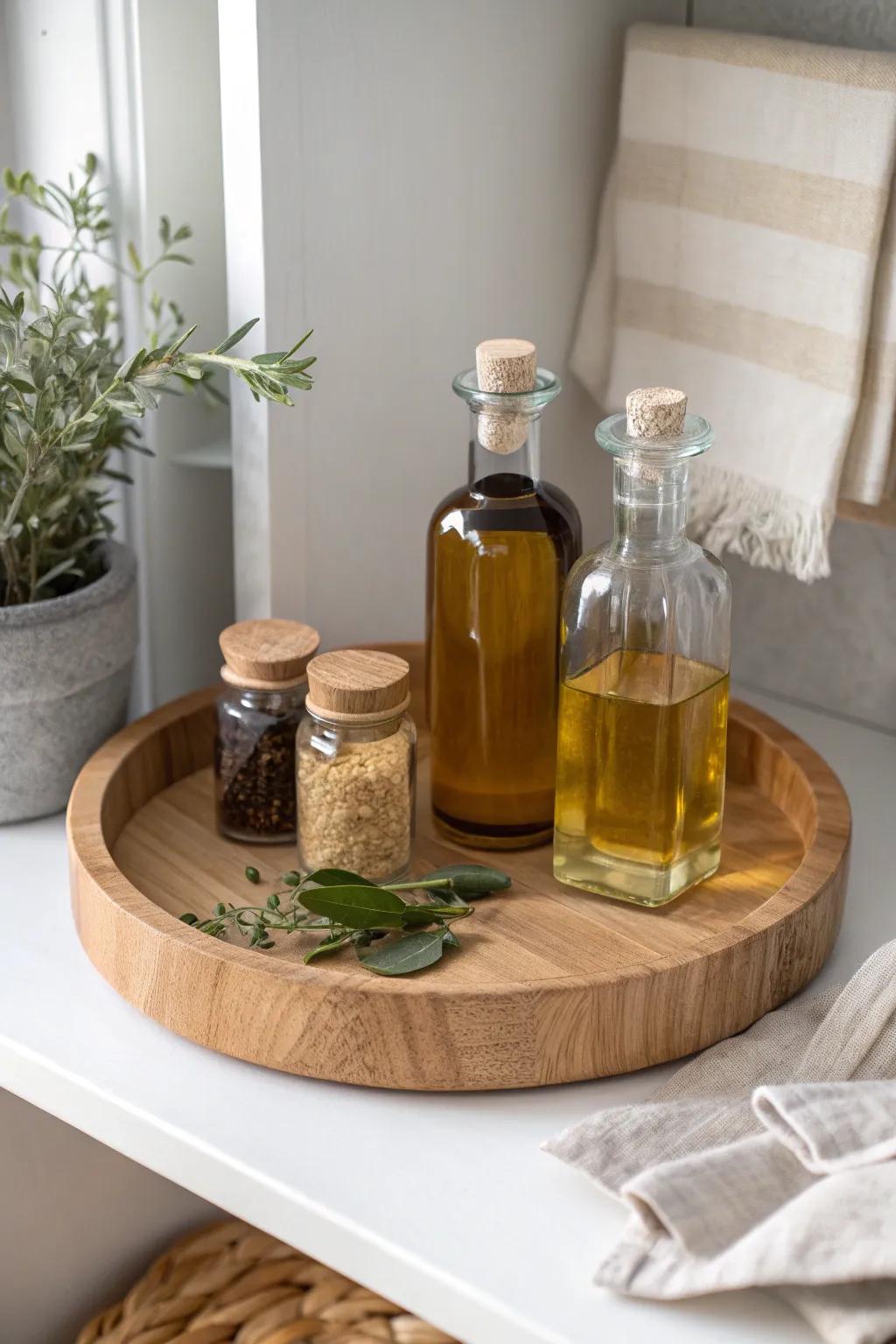Spin-and-grab pantry fix: a wooden lazy Susan keeps oils and condiments tidy in tight corners.