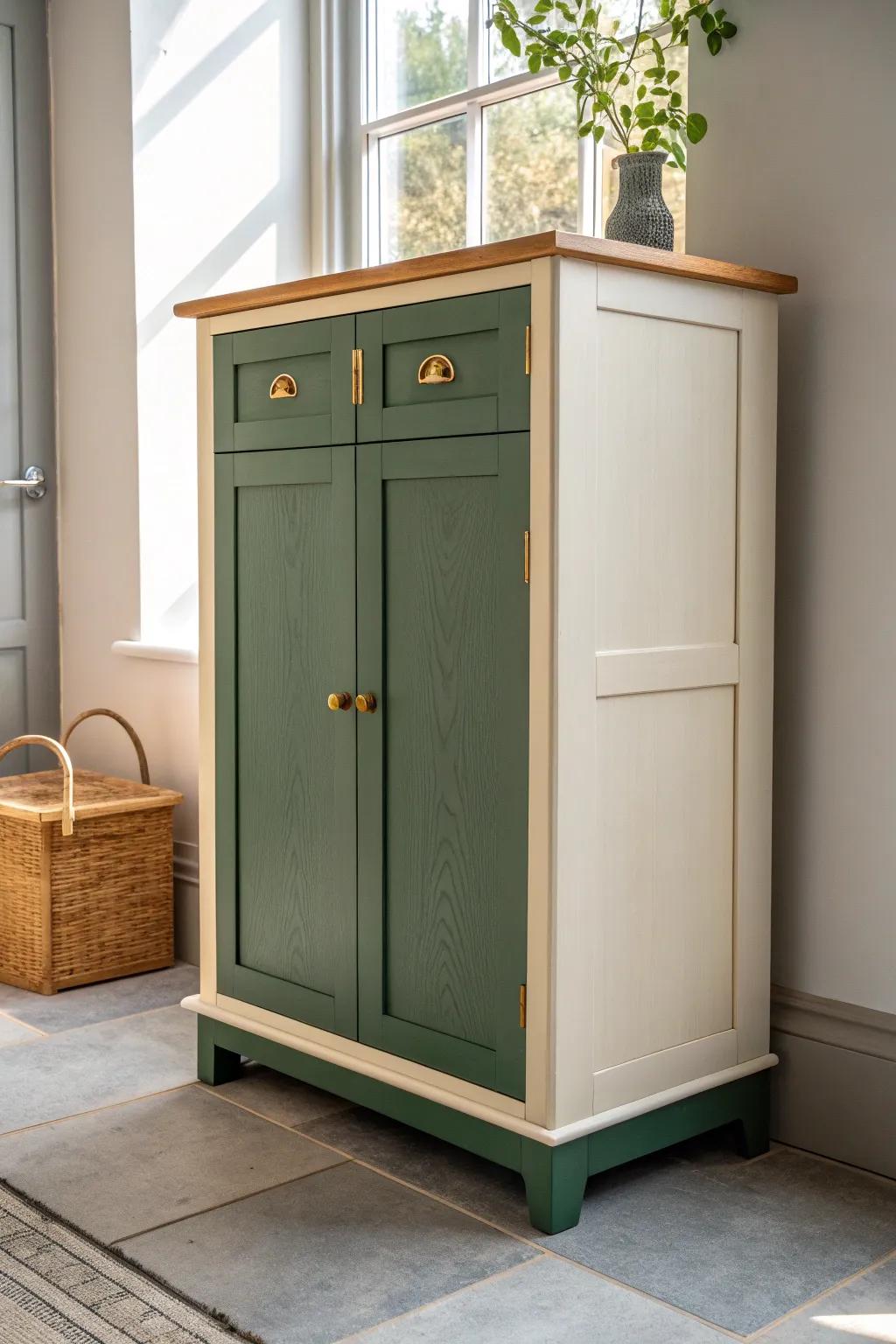 Two-tone pantry paint: deep lower cabinets + creamy walls for chic contrast in small spaces.