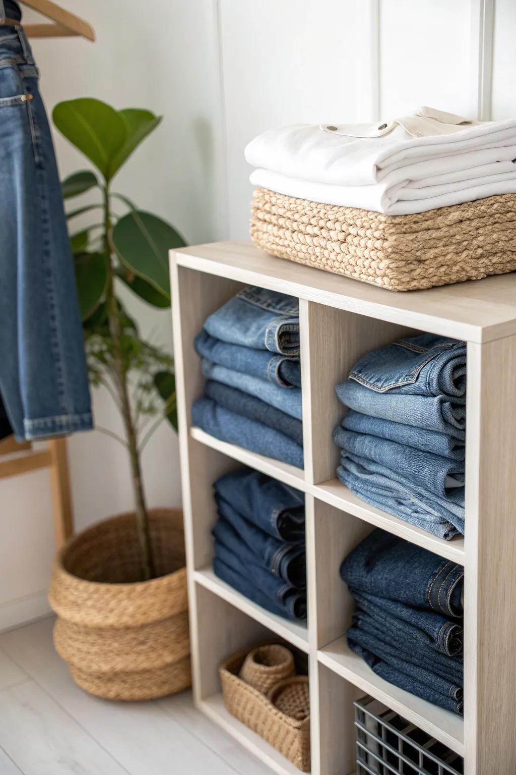 Shelf cubby stacks keep folded denim tidy—dividers stop the piles from toppling.