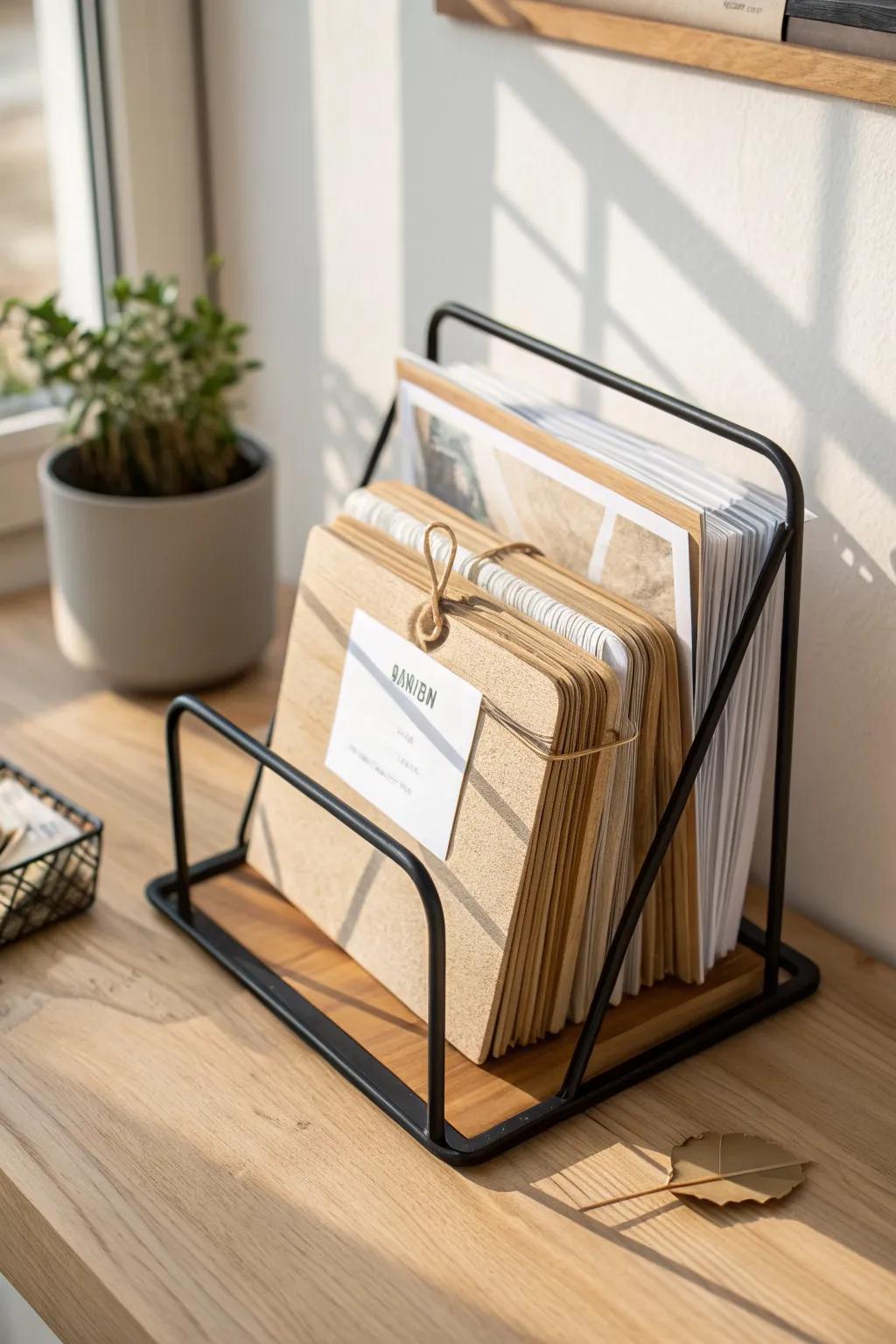 A single magazine holder keeps active papers upright—no messy stacks, just calm, clear space.