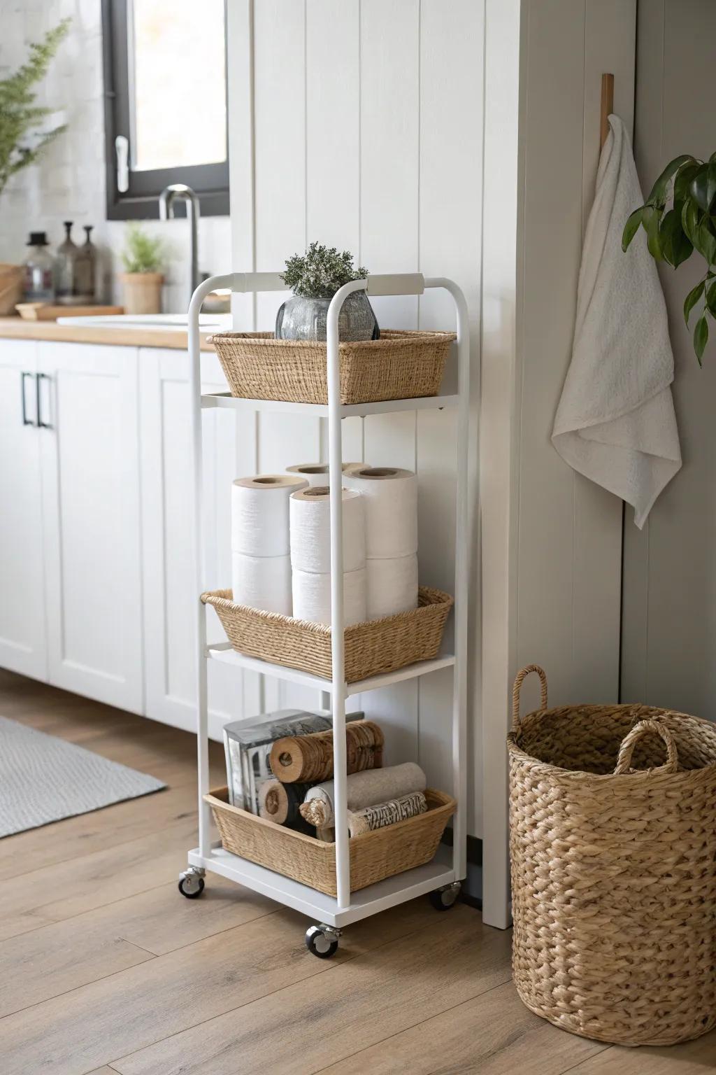 A slim rolling cart keeps extra paper towels tucked away—then rolls out when you need it.