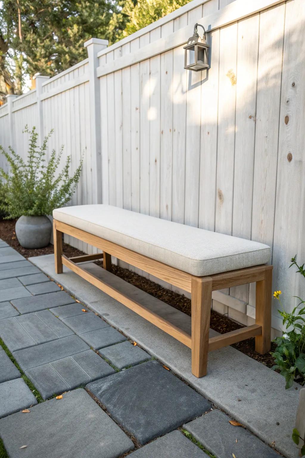 A slim bench lined up with the fence makes a tiny backyard patio feel calm and intentional.