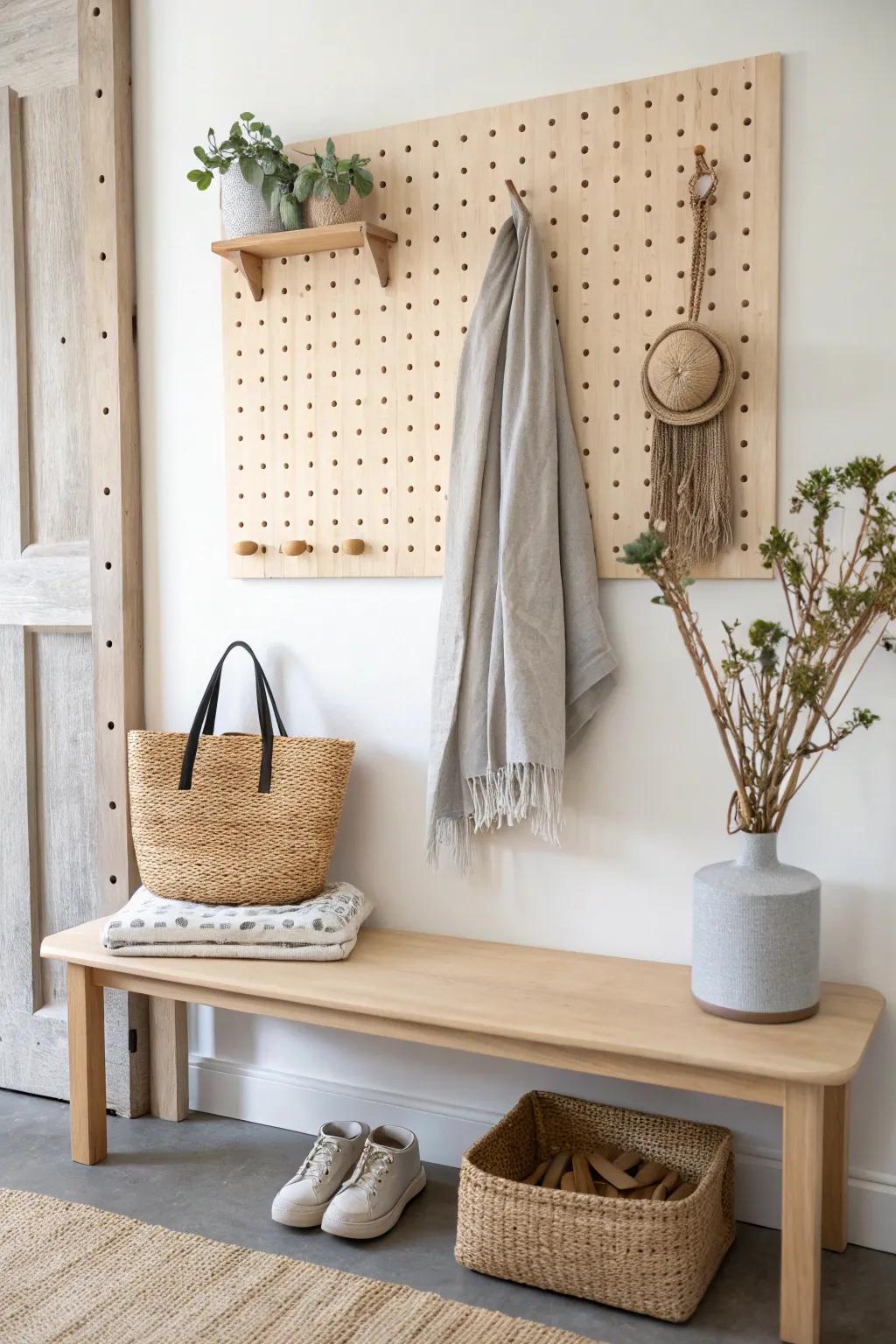 A mini mudroom moment: birch pegboard + slim bench for grab-and-go essentials.