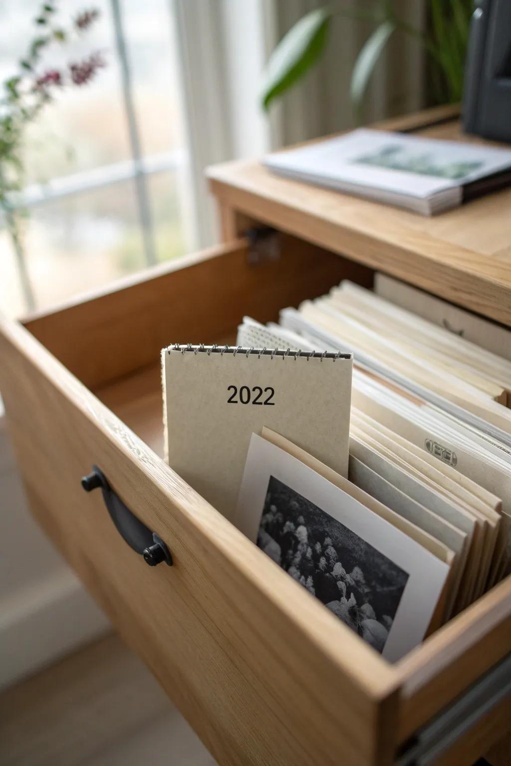 A desk-drawer hanging file folder keeps printed photos flat, tidy, and easy to flip through.