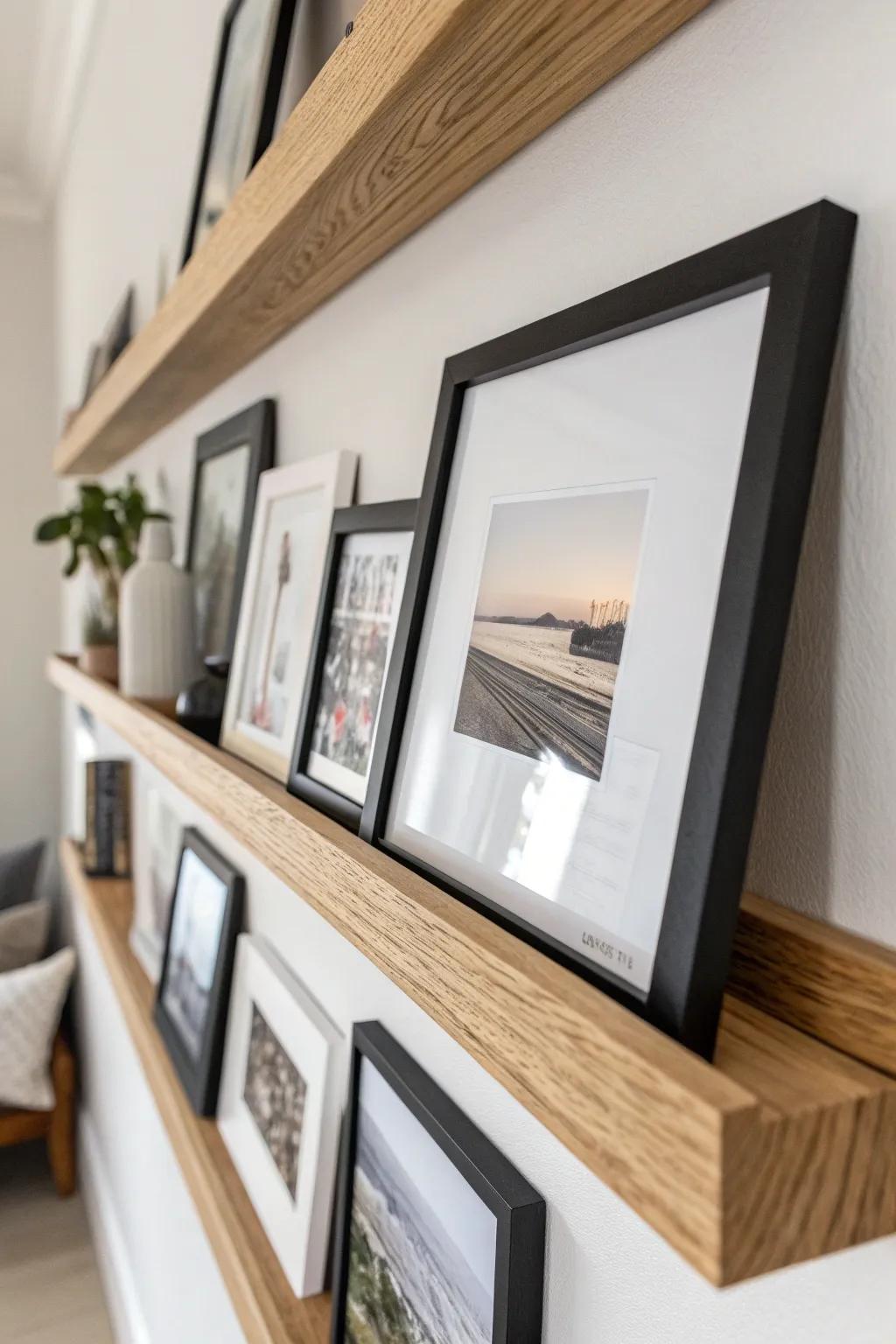 Mix your prints, repeat matte black frames—your picture ledge looks curated, not cluttered, instantly.