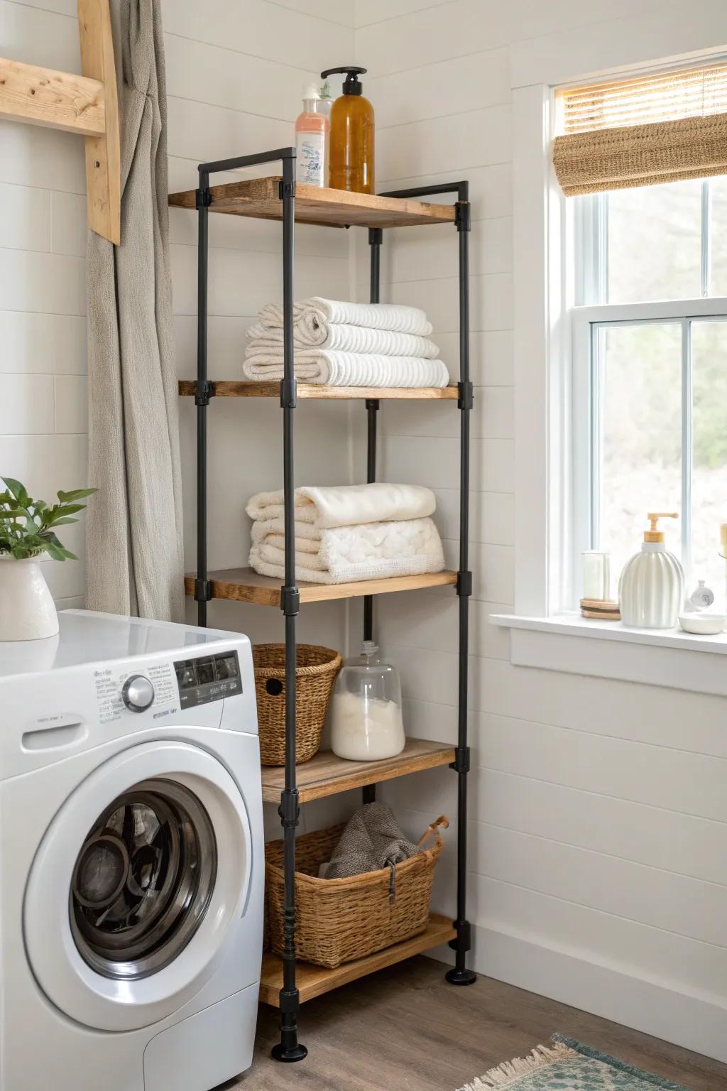 A vertical pipe shelf stack above the washer keeps detergents and linens tidy in tiny nooks.