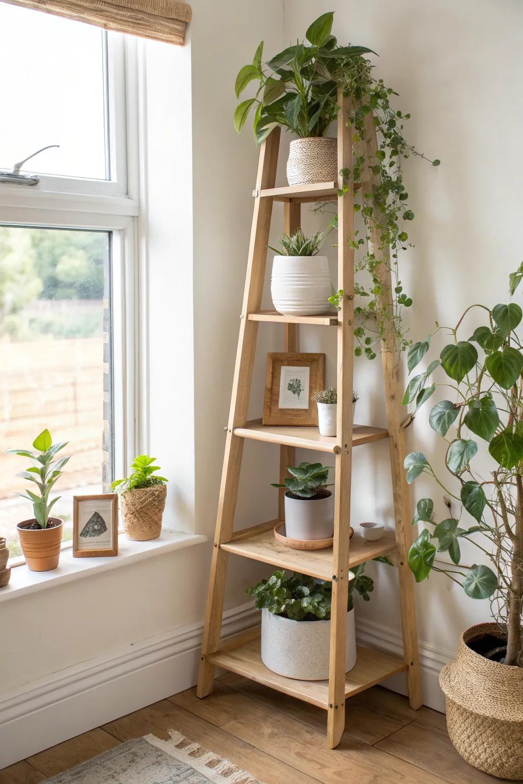 Stack plants vertically with a sleek corner shelf for a lush look in tiny spaces.