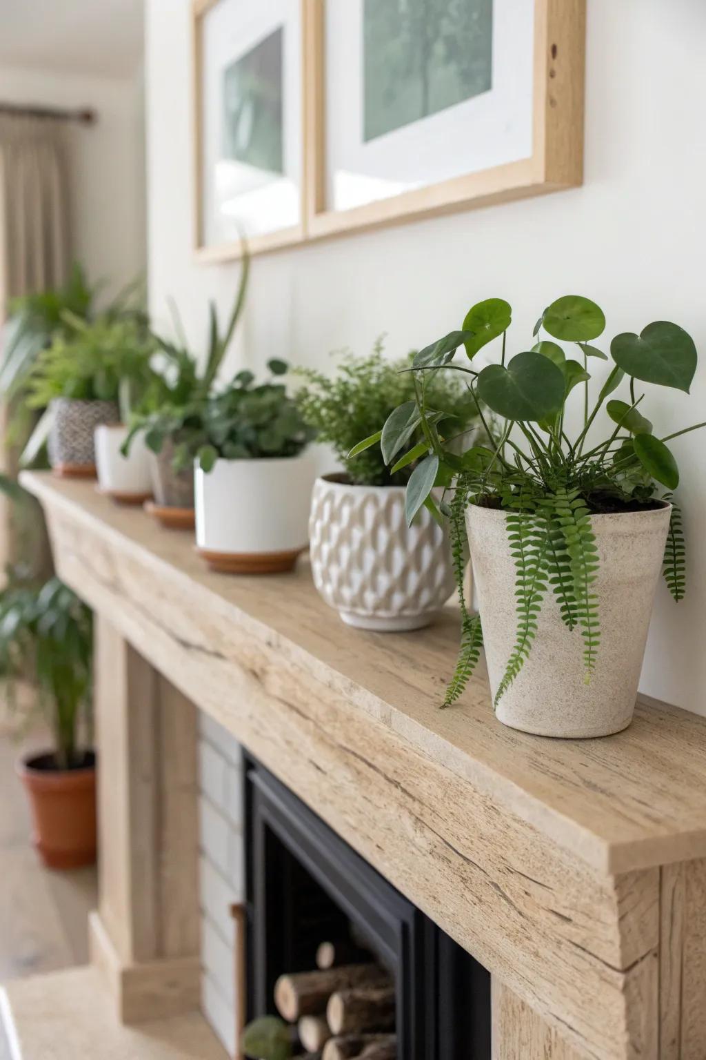 A cohesive green line of tiny plants on a simple ledge—mixed leaves, matching pots, calm style.