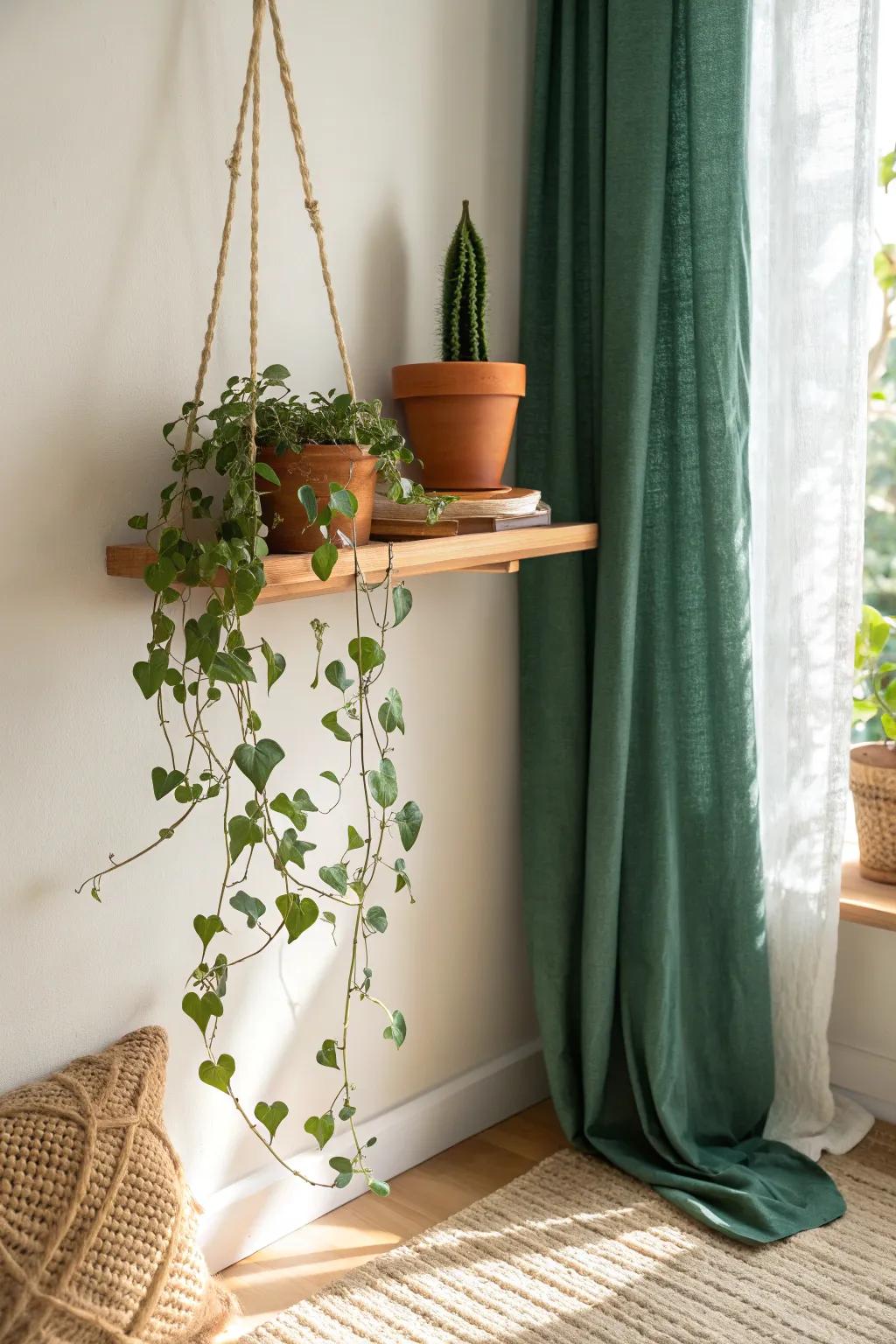 Let trailing vines spill over a high shelf for instant drama—no extra furniture needed.