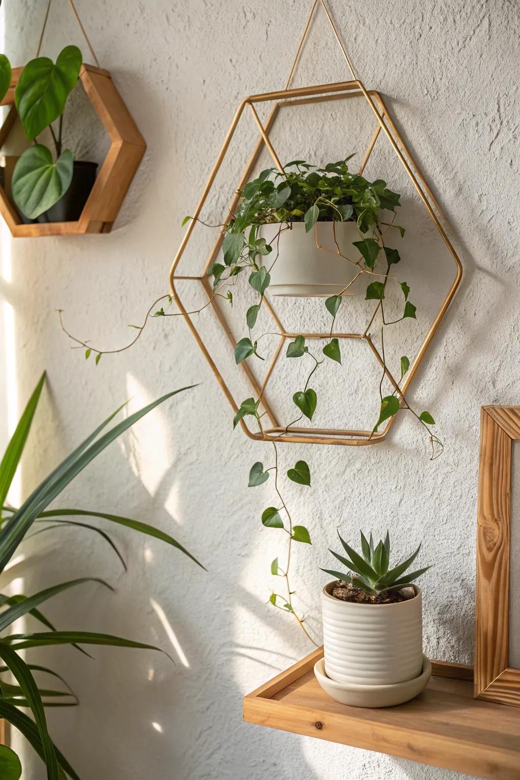 Geometric wall shelf + a tiny trailing cutting—simple, sculptural wall art for small spaces.