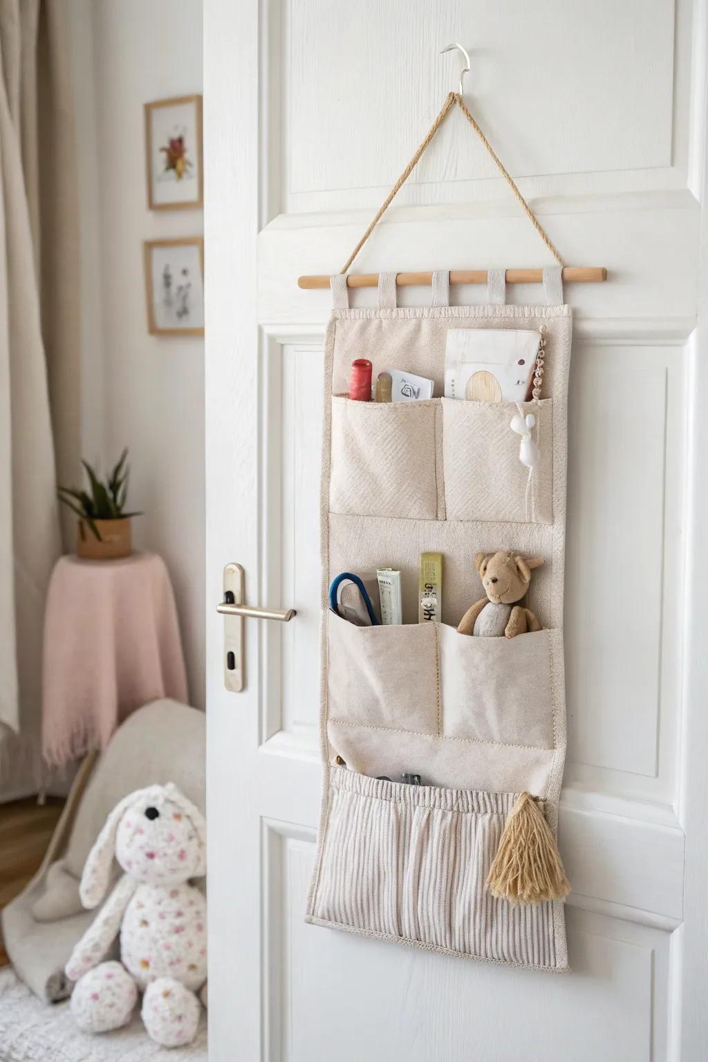 Turn a playroom door into tidy storage—perfect pockets for dolls, figures, and tiny extras.