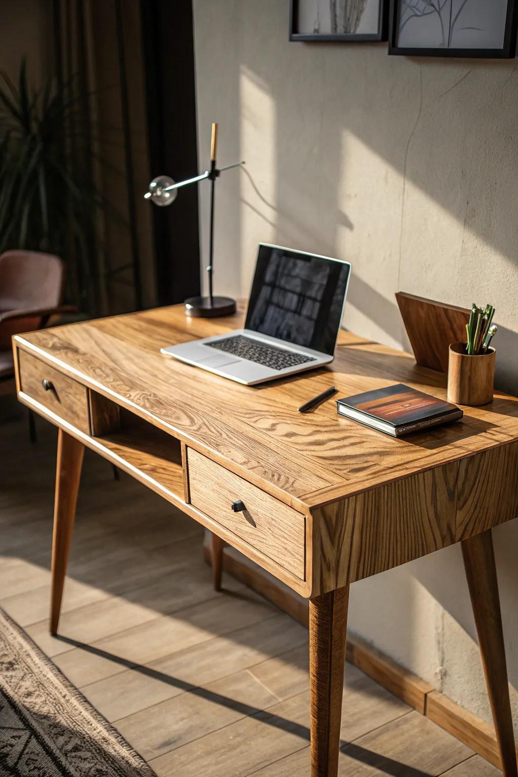 Elevate your workspace with a sustainably finished plywood desk that combines craftsmanship and eco-consciousness.
