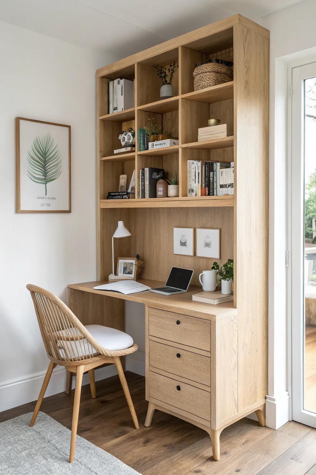 A bookshelf bay becomes a sleek pocket office—no extra furniture, just calm, crafted charm.