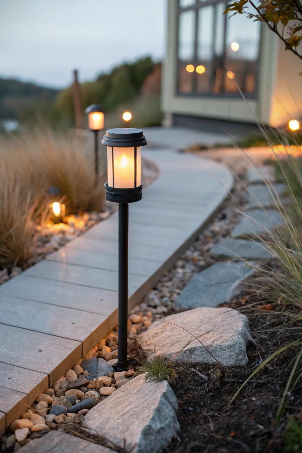 One warm path light turns a small entry into an intentional, safe glow toward the porch.