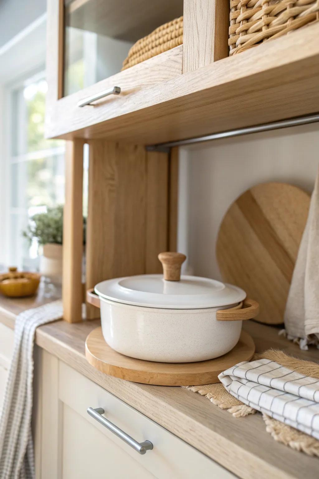 Renter-friendly tension rod lid corral—keeps pot lids upright, tidy, and topple-free.