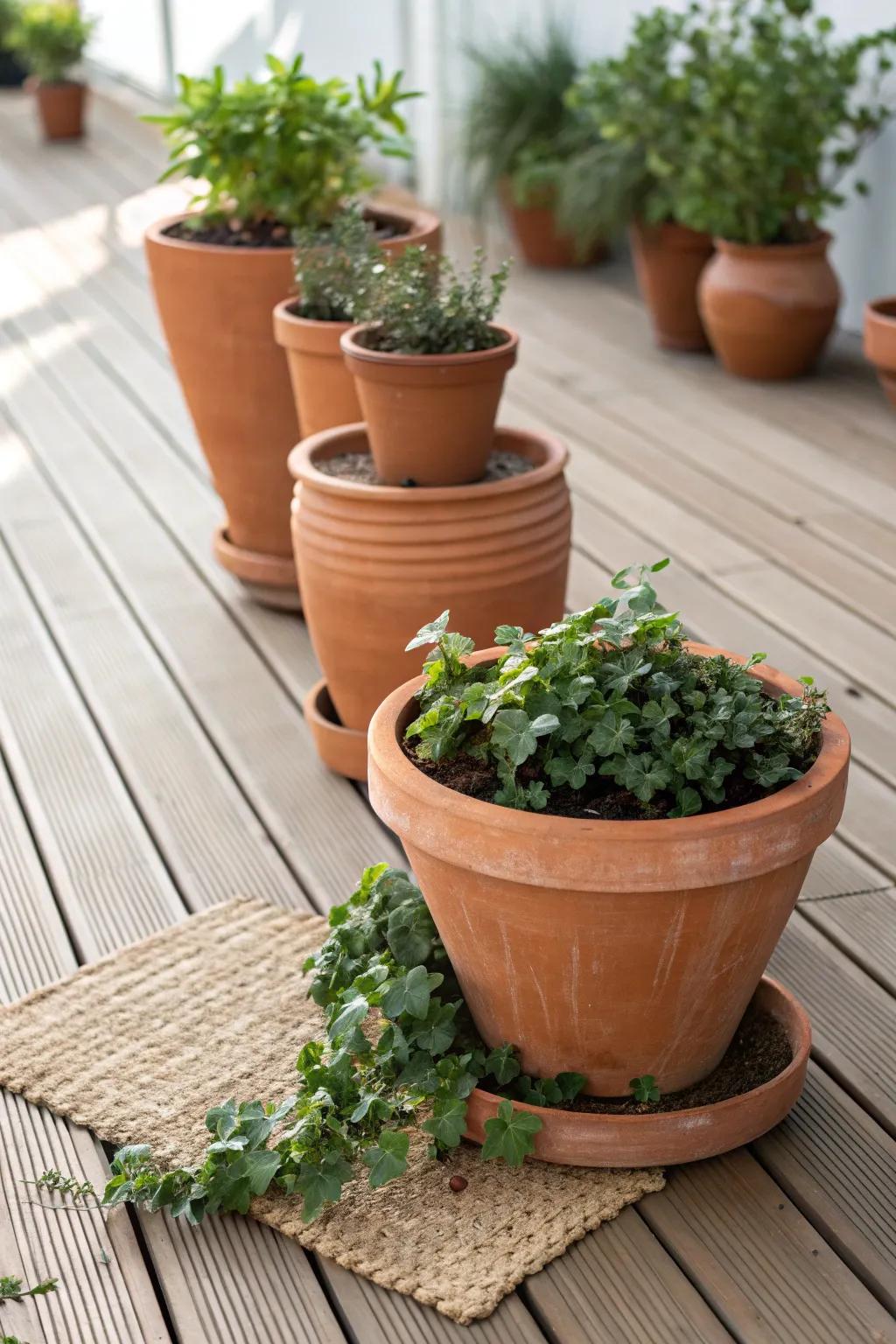 Warm terracotta groups soften a hard deck—simple greens, curated repetition, calm and cozy.