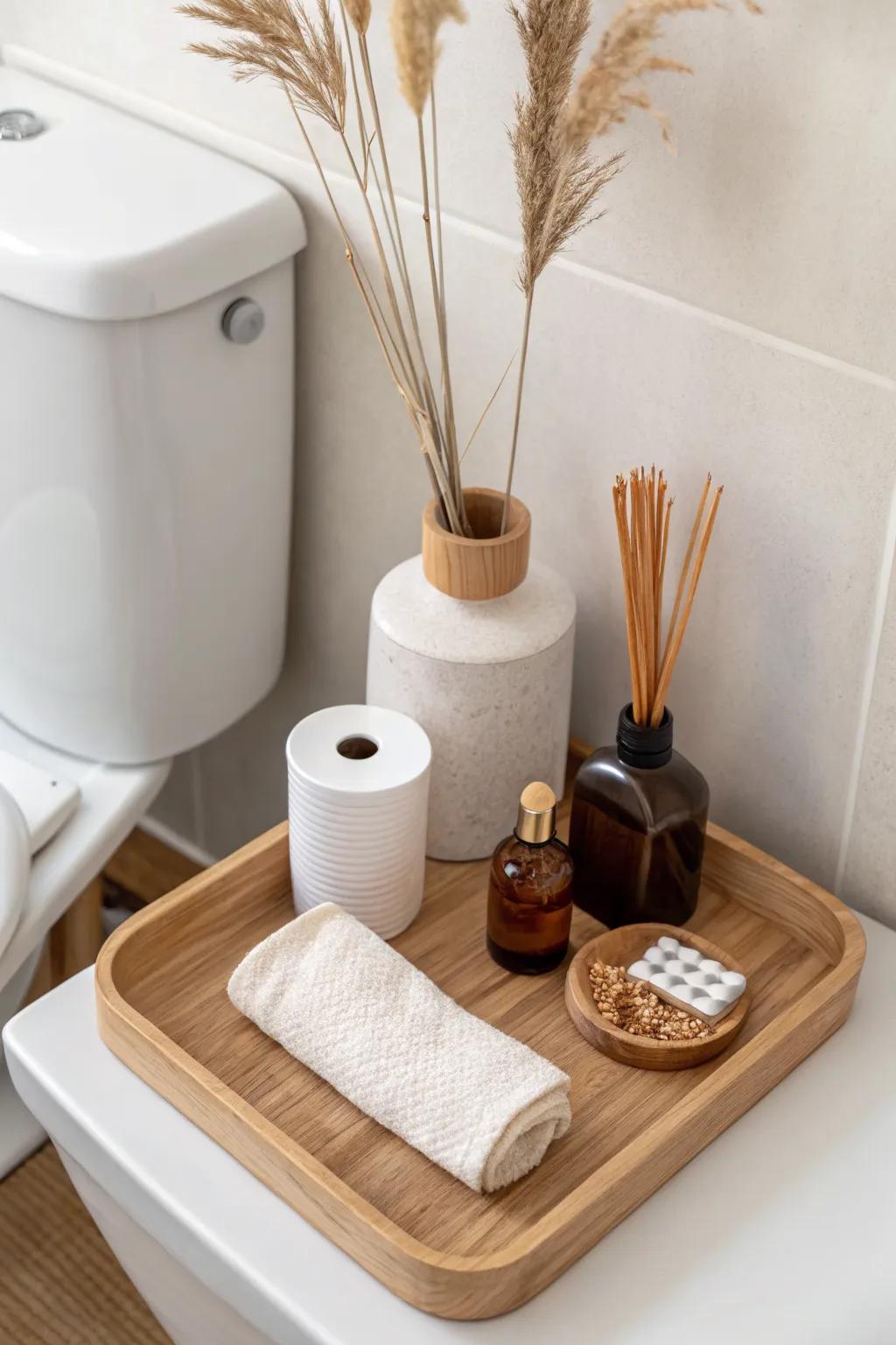 A simple toilet tank tray turns essentials into decor—tidy, calm, and beautifully minimal.