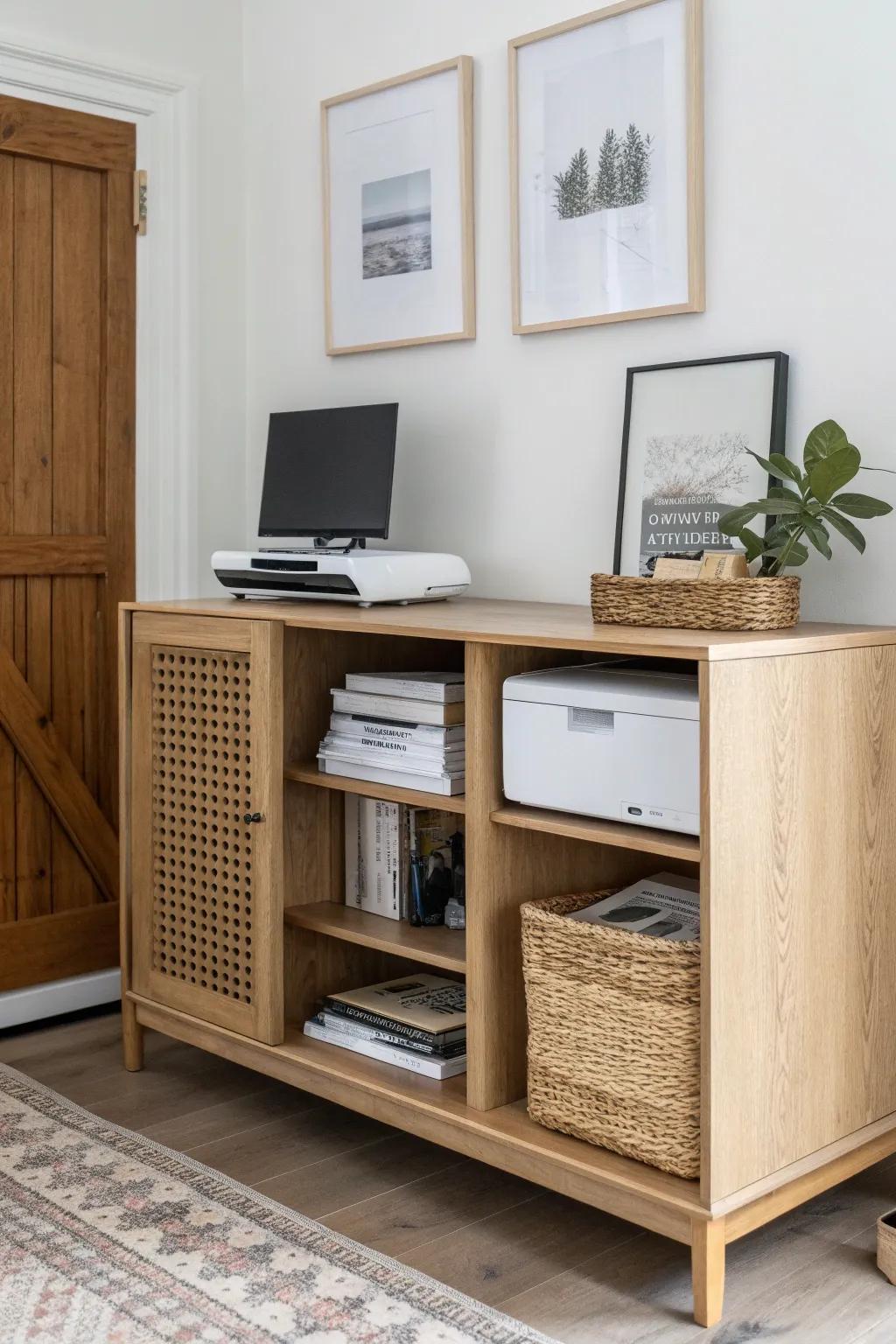 Turn a petite credenza into a chic printer garage—hidden tech, calm Scandi-boho vibes.