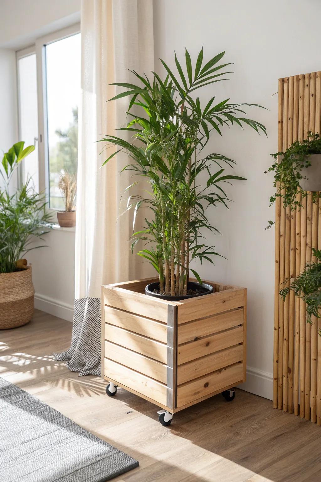 A rolling privacy planter with locking casters—flexible greenery that hides clutter in seconds.