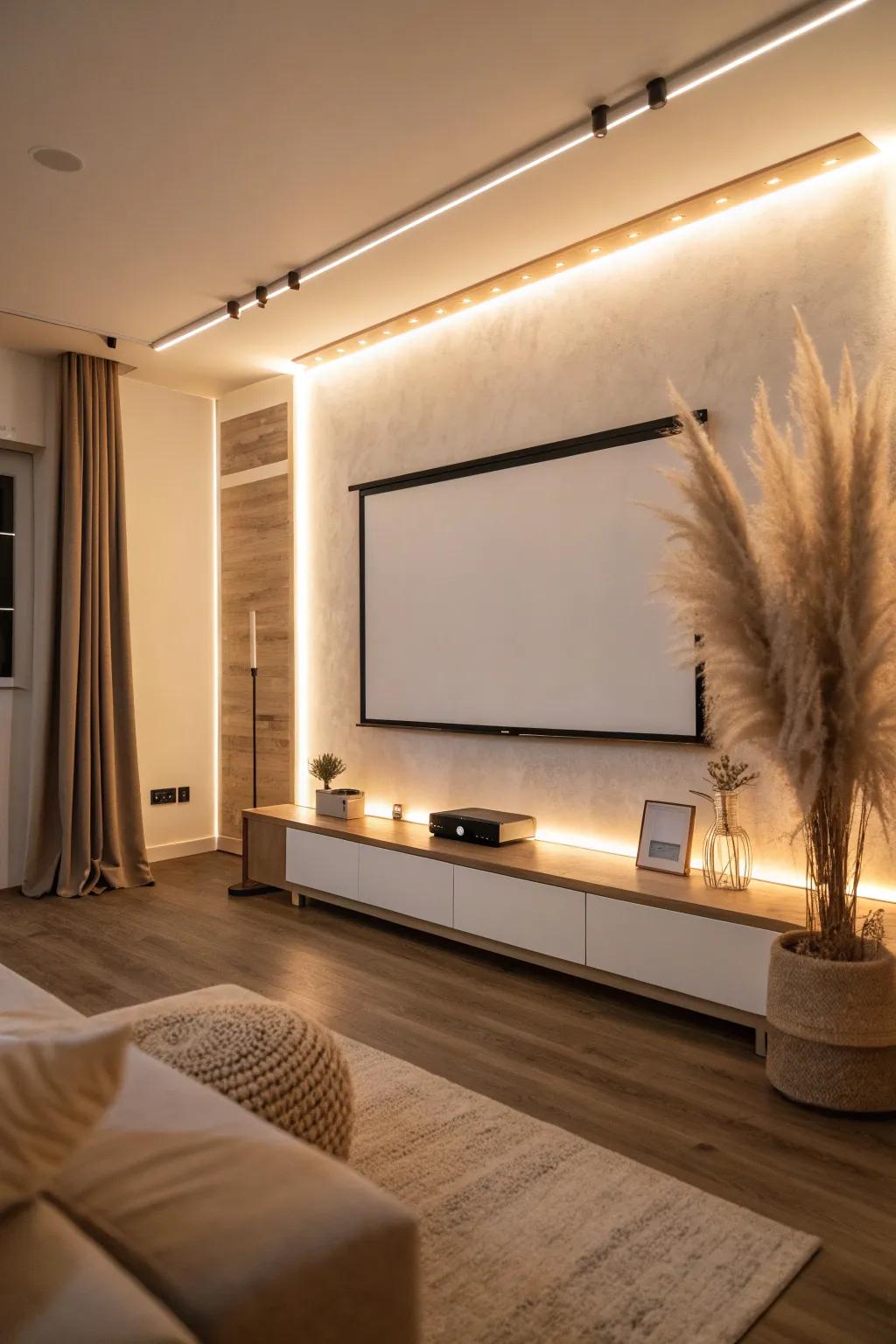 Soft bias lighting behind your projector screen adds a cozy glow and makes the wall a feature.