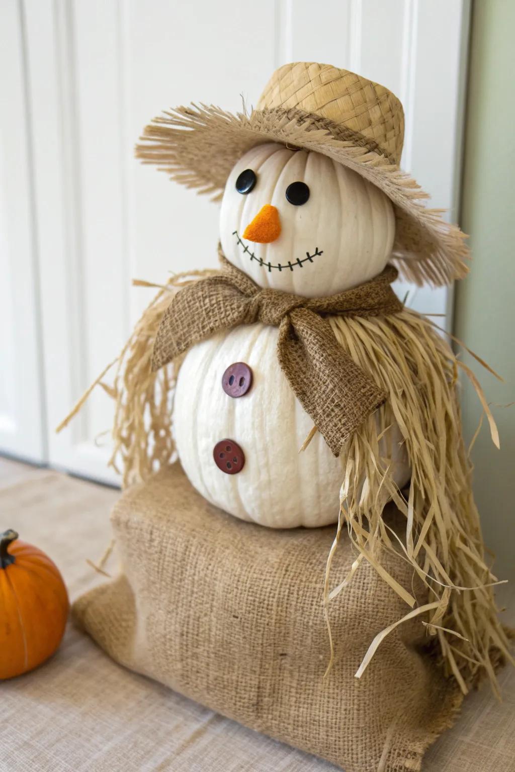 Elevate your autumn decor with a charming gourd-nosed scarecrow, where simplicity meets creativity.