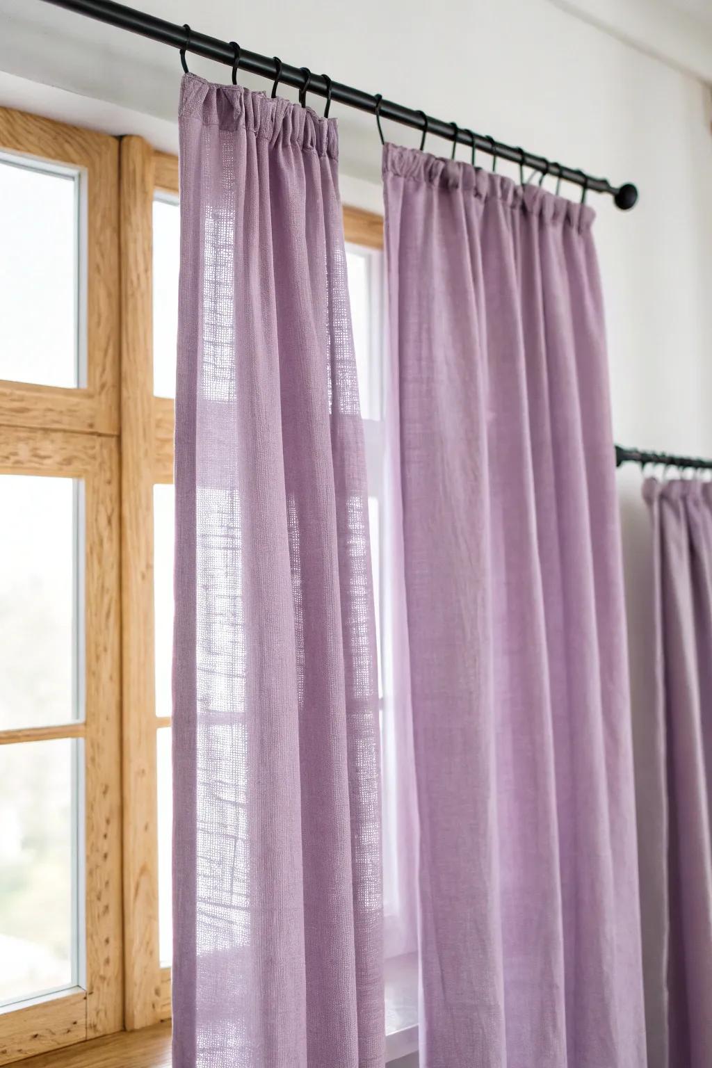 Lavender sheer curtains instantly soften harsh blinds and make a small dorm feel finished.