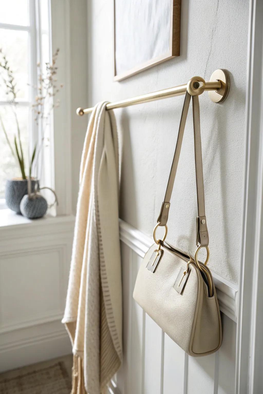 Turn a simple towel bar into a chic strap rack—clean, boutique-style storage for your purse.