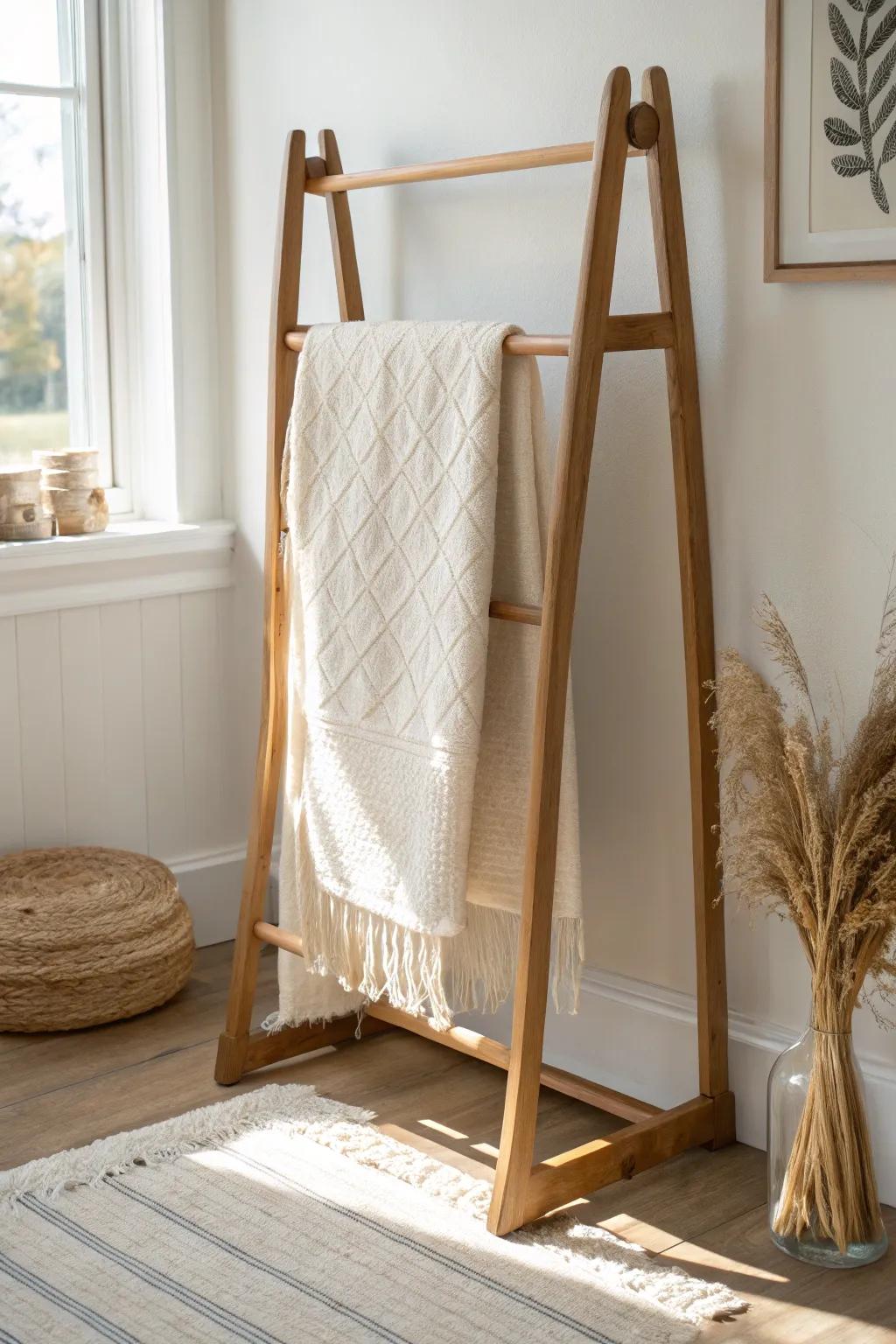 Rounded-arm quilt rack keeps folds smooth while showcasing your favorite quilt beautifully.