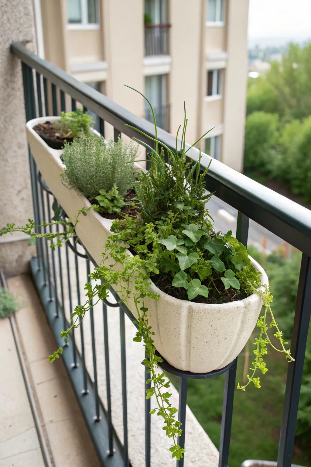 Double-sided railing planter straddles the rail—greenery inside and out for tiny balconies.