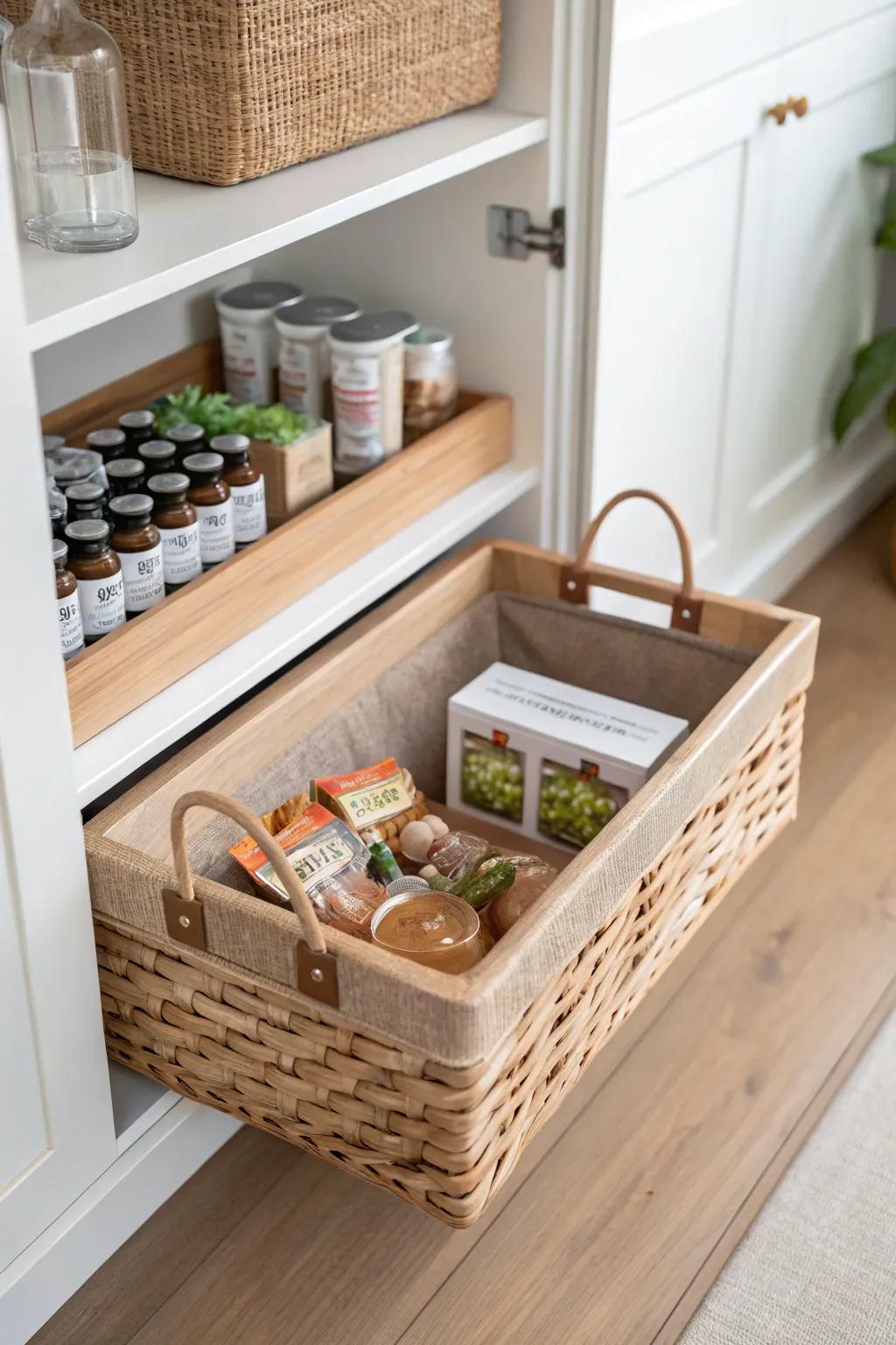 Pull-out baskets bring deep pantry shelves forward—no more lost snacks or tiny bottles.