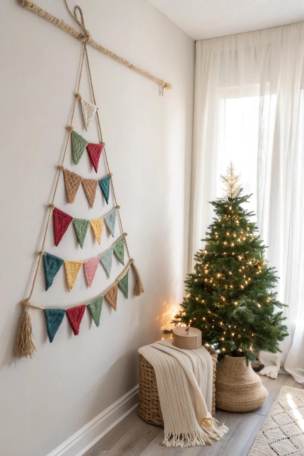Transform your space with a DIY fabric scrap garland tree – a perfect blend of Scandinavian minimalism and boho charm.
