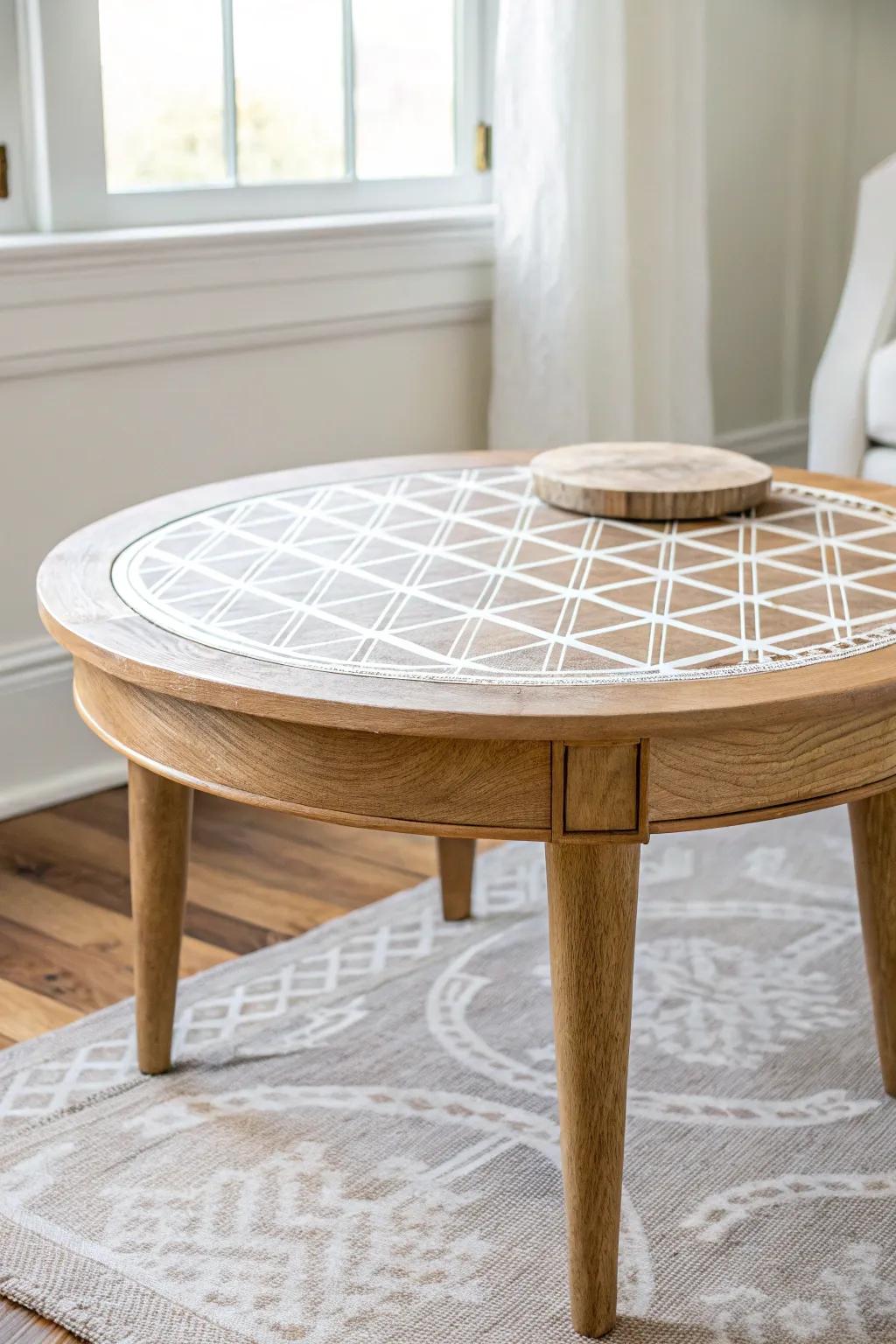 A tone-on-tone stenciled top turns a plain coffee table into subtle, small-space art.