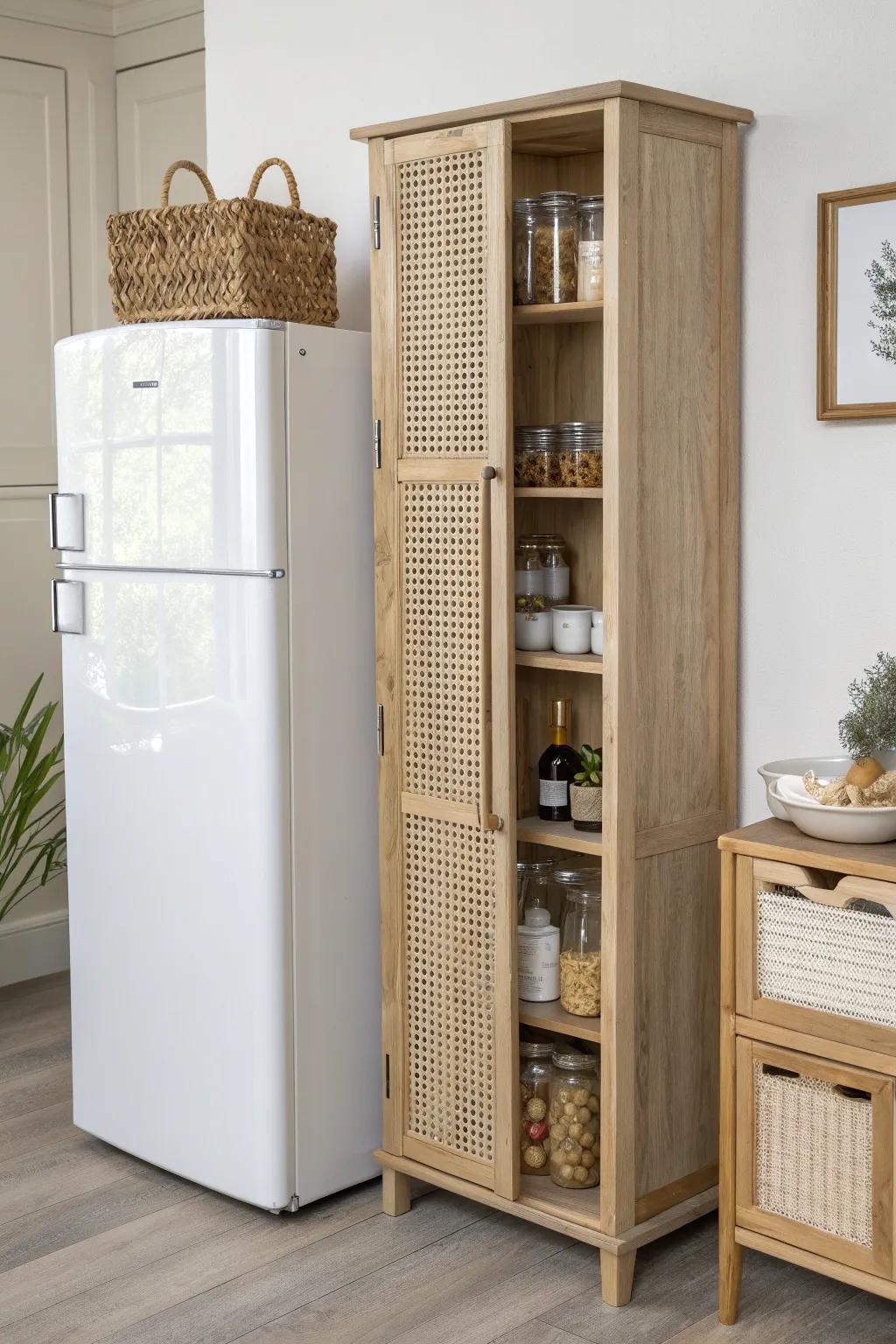 Skinny adjustable pantry beside the fridge—flex shelves for cans, cereal & tall bottles.