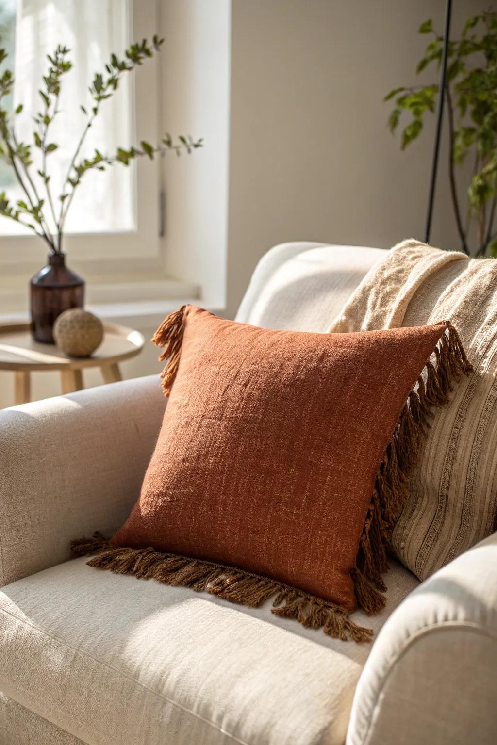 Neutral cozy corner, elevated with one clay-toned cushion for instant grounded calm.