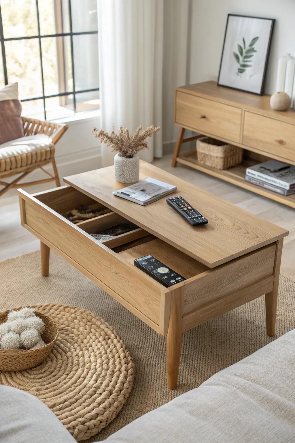 A coffee table with hidden storage keeps remotes close—without the visual clutter.