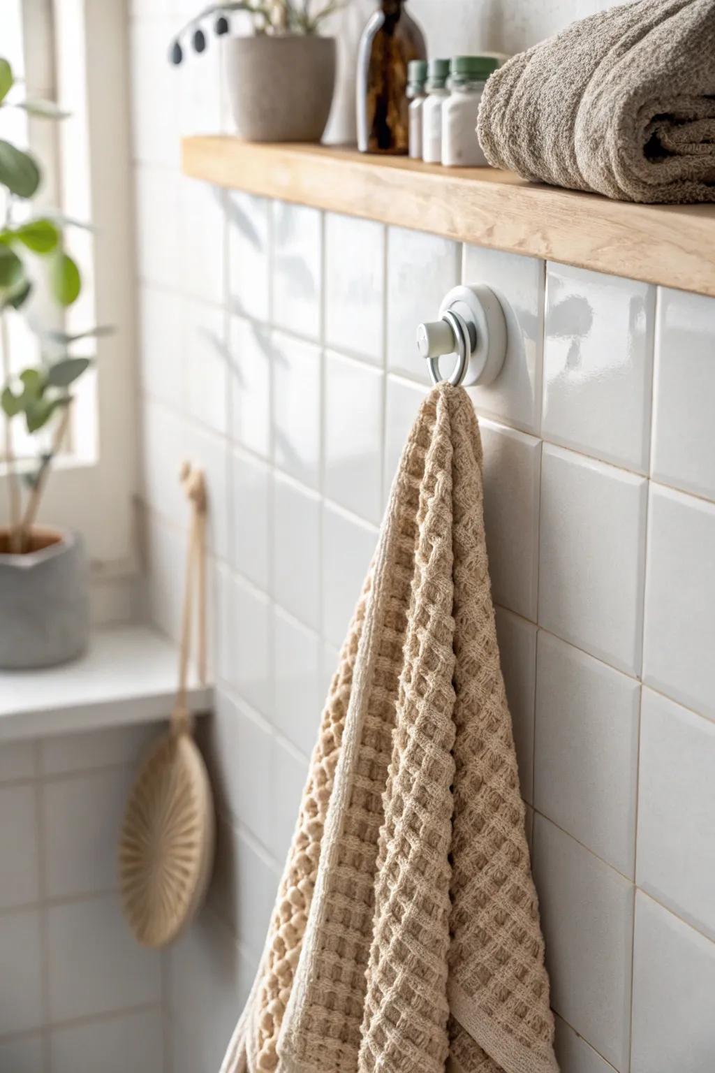 Removable wall hook + linen towel: instant rental-friendly storage with a calm, minimal look.