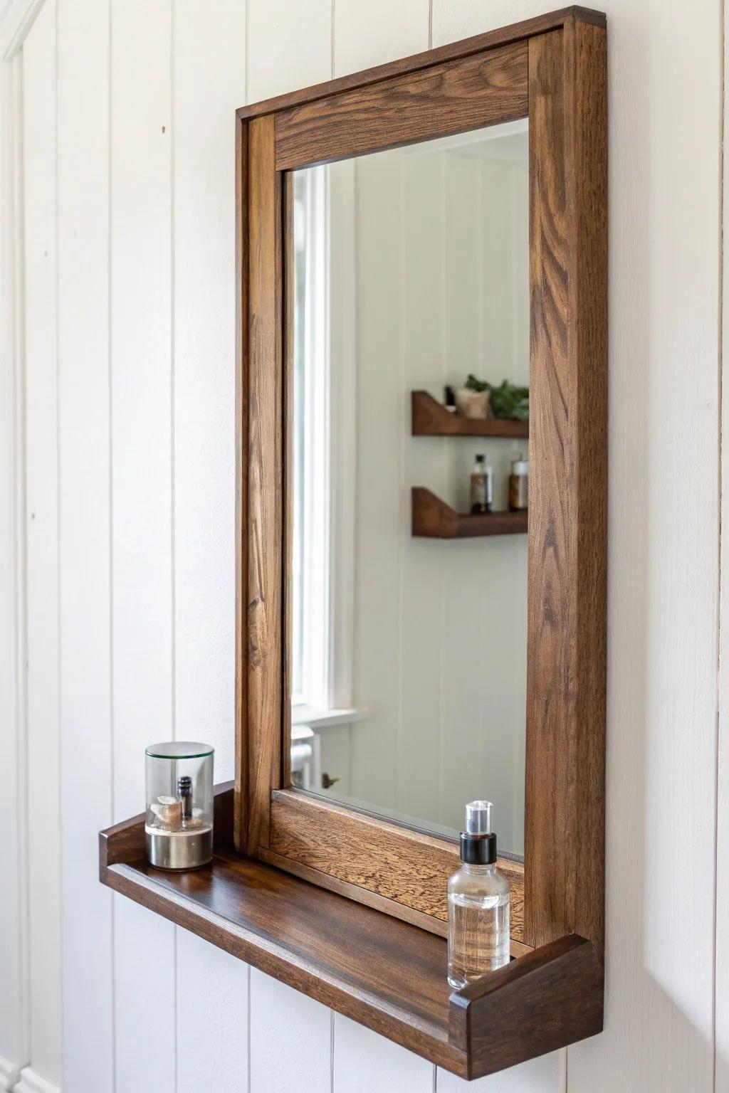 Turn a dresser mirror into a mirror + floating shelf—perfect for keys, perfume, and a tiny plant.