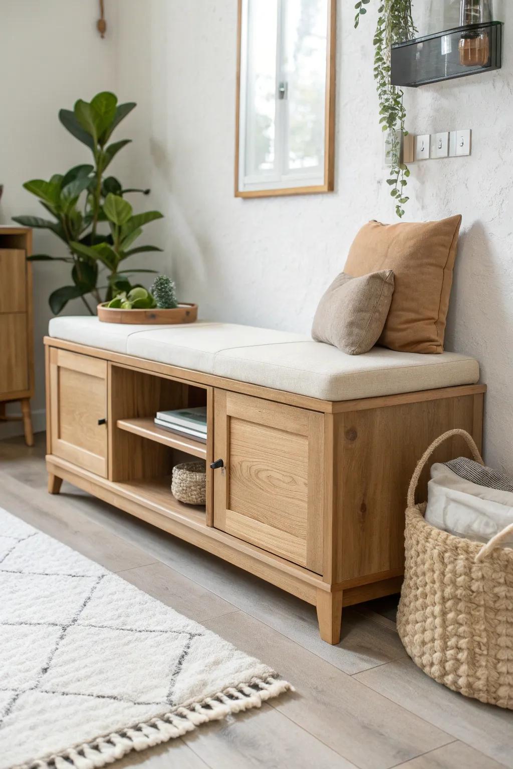 Repurposed entertainment center turned storage bench—hidden space + chic seating for small rooms.