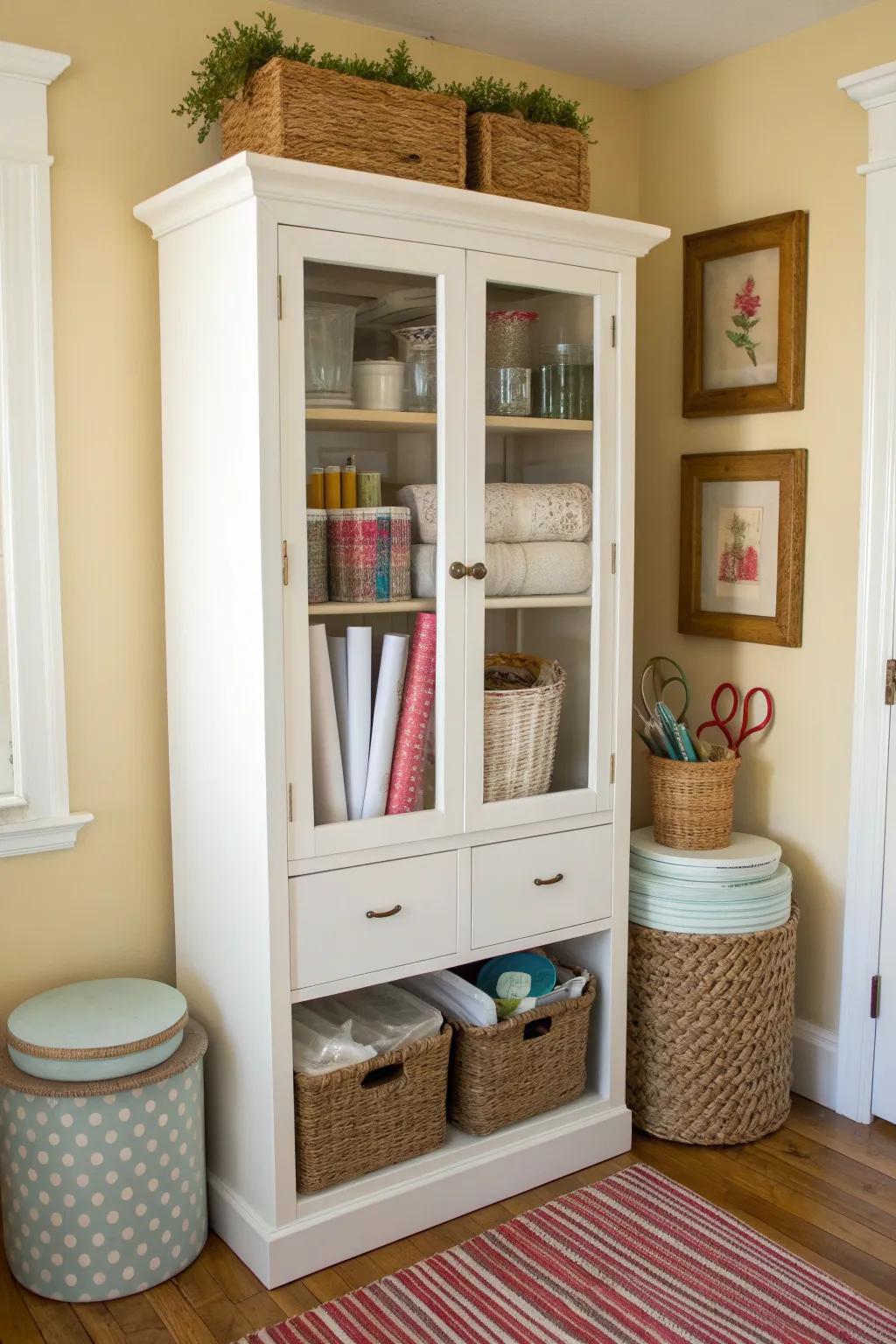 A calm craft & gift-wrap cabinet: jars, baskets, and paper hidden behind beautiful doors.