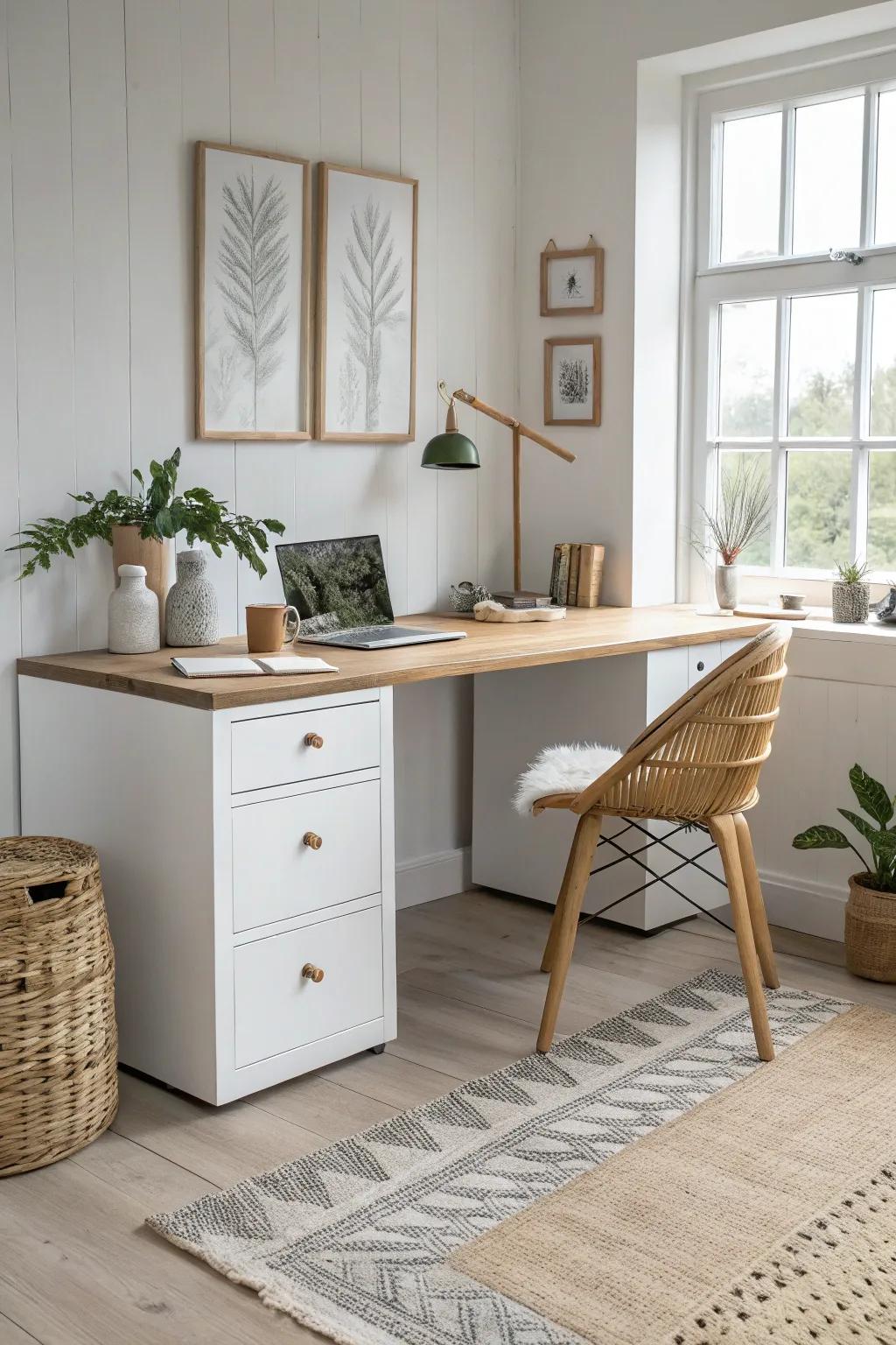 Small-space home office: a desk built from repurposed cabinet bases for hidden storage.