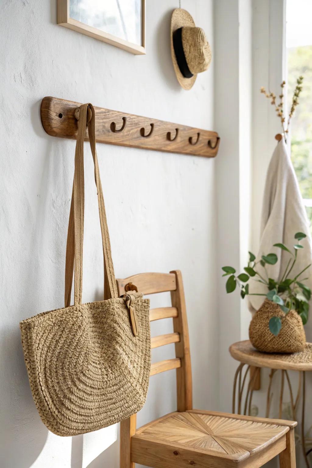 Broken chair back, new life: a chic brass-hook rail that keeps bags off the floor.