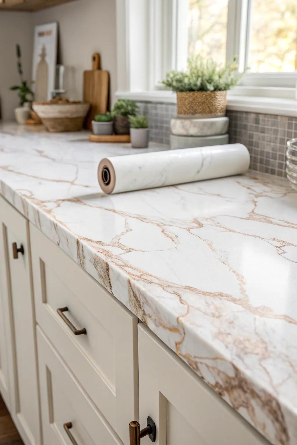 Transform your space effortlessly with renter-friendly peel and stick contact paper for a chic and temporary countertop makeover.