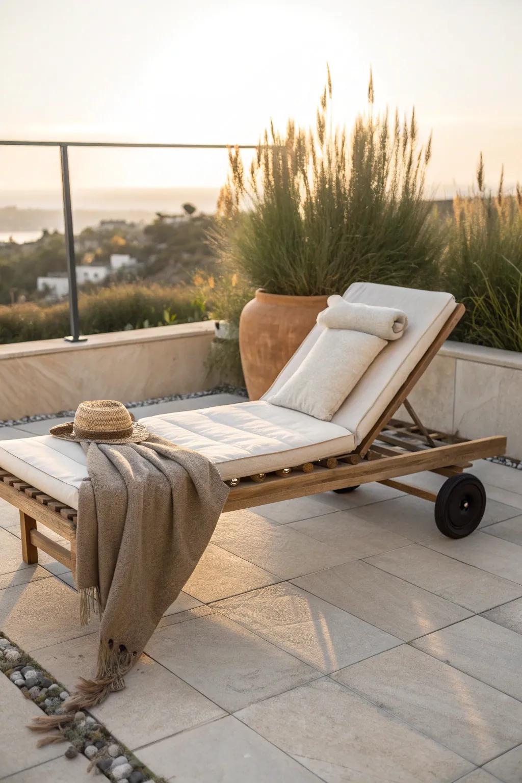 Wheeled chaise lounge for rooftop lounging—glide from sun to shade without lifting a thing.