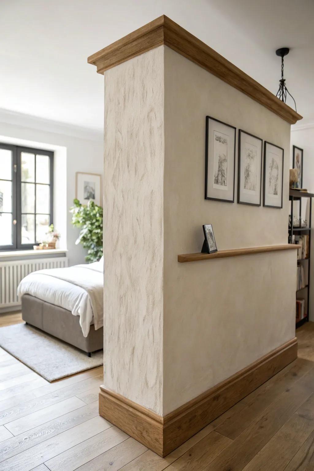 Minimalist half wall divider: the easiest way to give your studio bed nook a calm, cozy room feel.