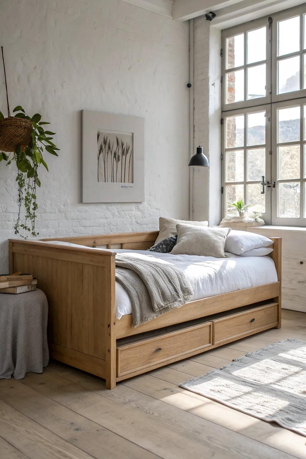 A sleek trundle daybed that tucks away by day and doubles for cozy overnight guests.