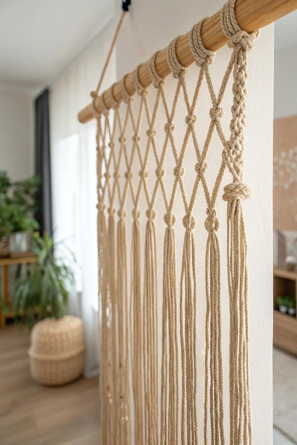 Airy rope-and-wood divider: rustic privacy with Scandinavian calm and boho craft.
