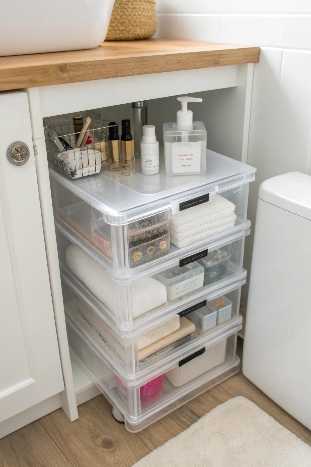 Stack clear under-sink drawers to keep your RV bathroom essentials visible and grab-and-go.